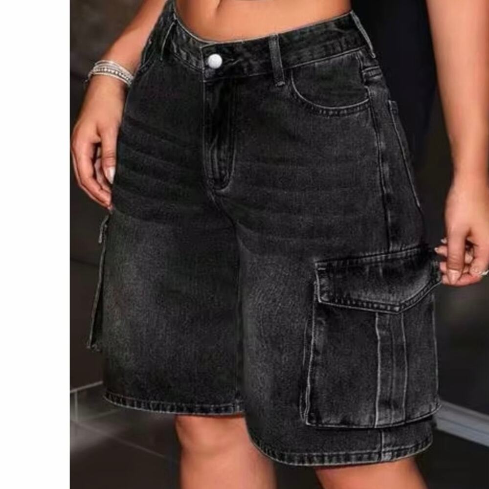 SHEIN Unity Petite M Black Acid Wash Cargo Denim Jorts Shorts Y2K Baggy